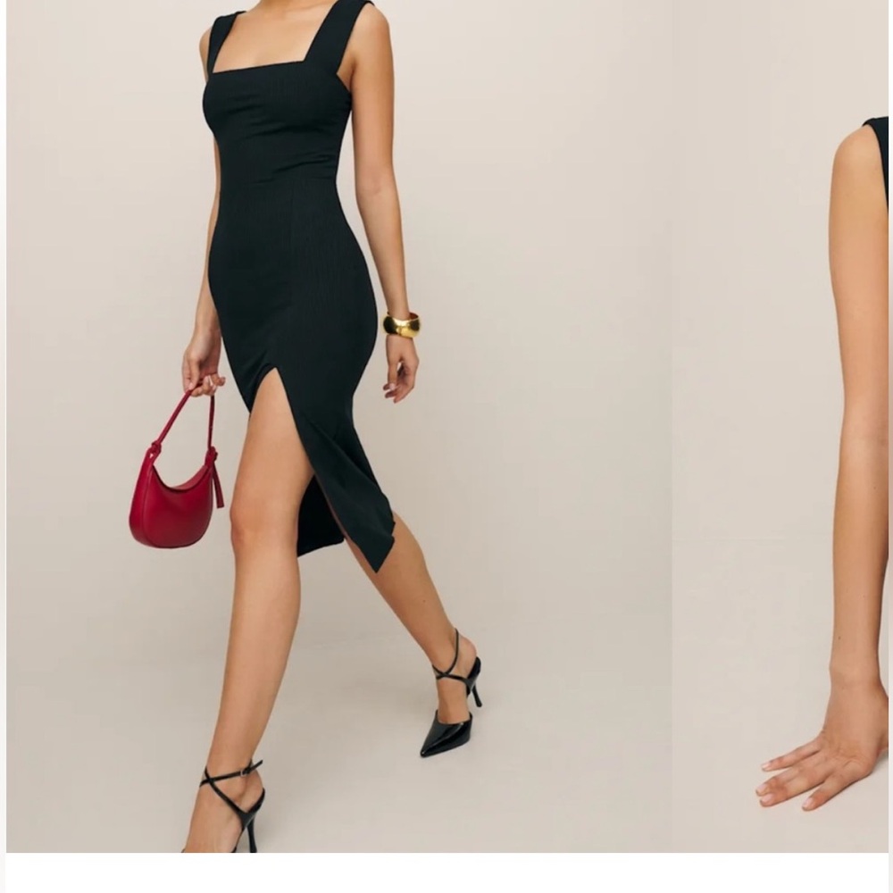 Reformation Black Midi Dress with Red Bag Accent